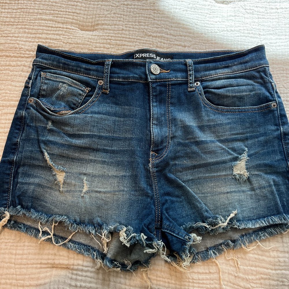 Express Denim Shorts - Distressed Hem - Size 10